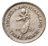 RHODESIA & NYASALAND ELIZABETH II 1957 3 PENCE THREEPENCE, FLAME LILY FLOWER Lily