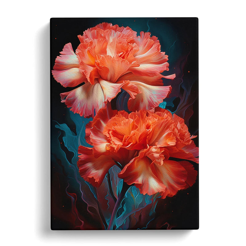Framed canvas wall art of two orange and pink carnations with dark blue accents.