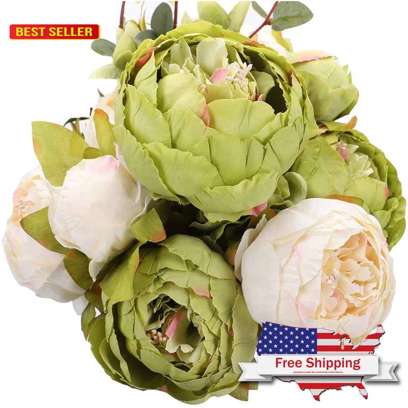 Artificial Peony Flowers Silk Wedding Decor 13 Stem Pack Green Plant