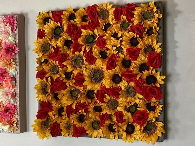24"x24" Sunflower & Roses Silk flowers in Brown Sparkle Frame Original Artwork Sunflower