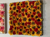 24"x24" Sunflower & Roses Silk flowers in Brown Sparkle Frame Original Artwork Sunflower