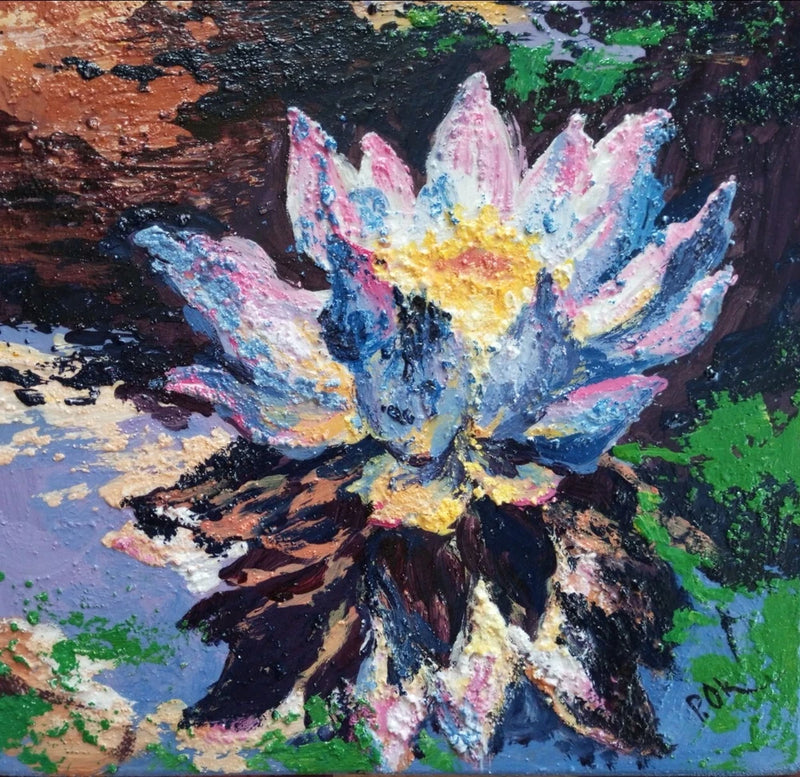 Lotus water lily painting with white and pink petals in a colorful abstract style