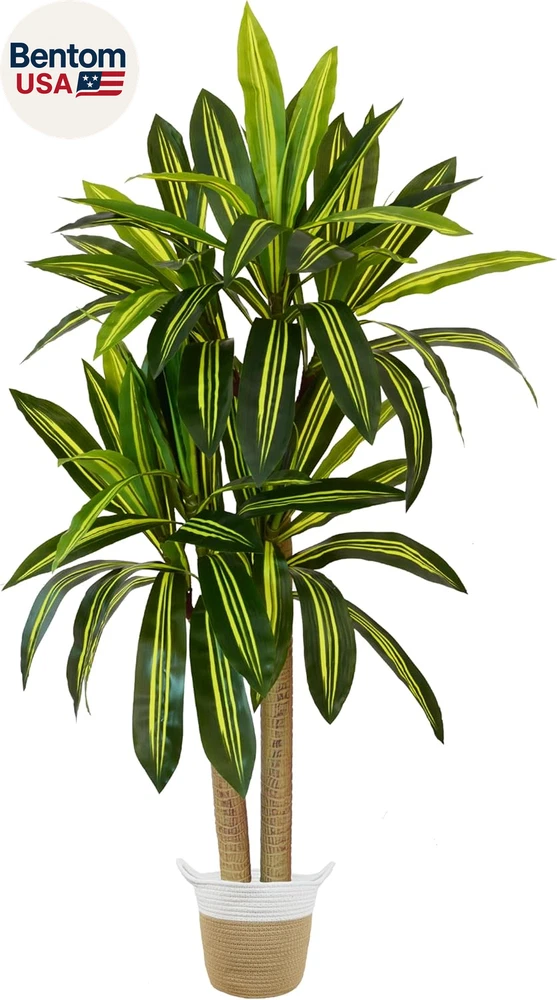 Artificial dracaena tree with long green striped leaves in a woven basket pot