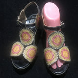 LÕArtiste 38 Spring Step Hydrangea Flower Leather Medallion Sandal Cheetah Heel Hydrangea
