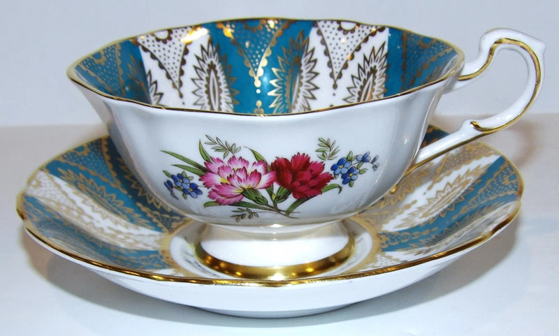 VINTAGE PARAGON ENGLAND BONE CHINA TURQUOISE PANEL GOLD CARNATION CUP & SAUCER Carnation