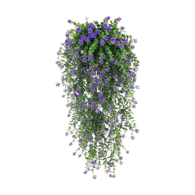 Artificial hanging plant vine with purple camellia flowers and green eucalyptus leaves