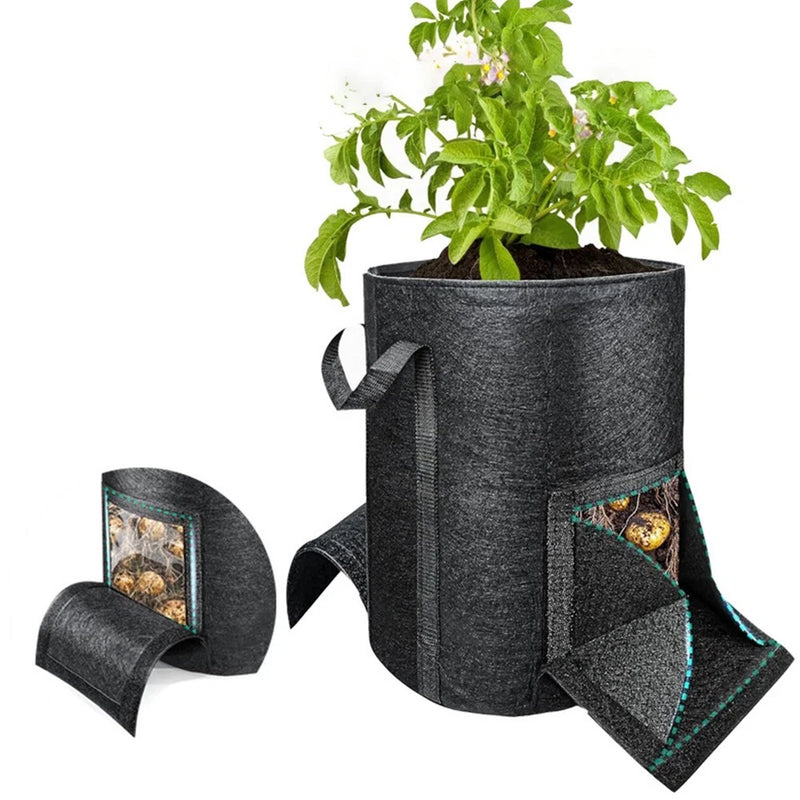 Dark gray fabric plant grow bag with sturdy handles and side harvest window flap