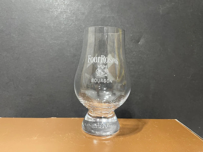 Four Roses etched Glencairn bourbon taster glass with rose and 'BOURBON' text