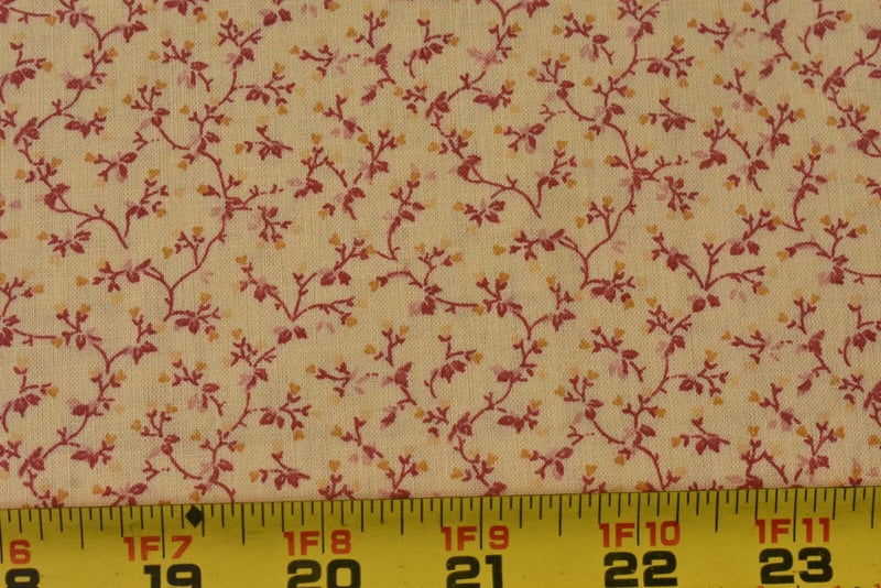By 1/2 Yd, Vintage, Red Calico on Tan Quilt Cotton, Classic Cottons, P8497 Flowering Plants