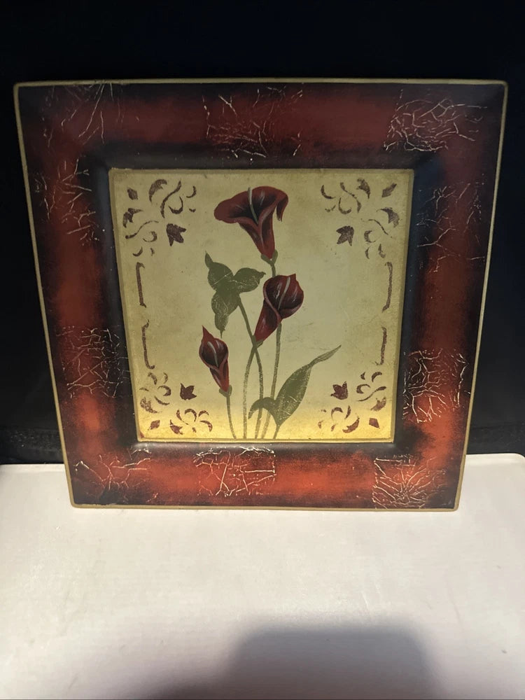 Ceramic lily flower art print in square frame with calla-style blossoms and scroll border