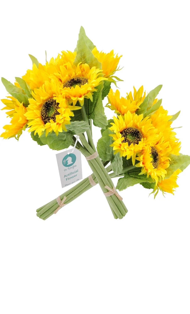 Artificial sunflower bouquet with bright yellow blooms, green leaves, and stems