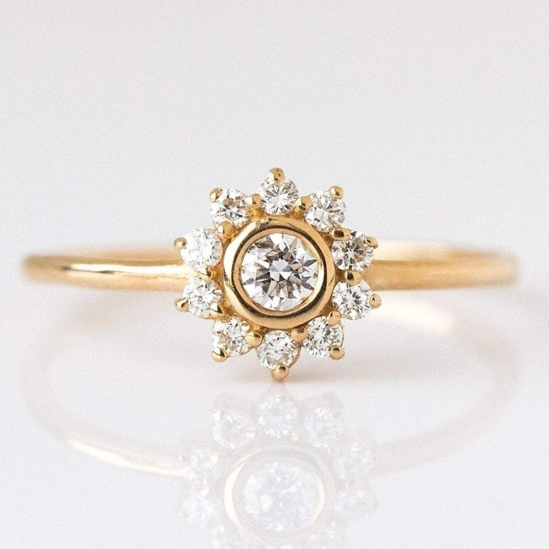 Lab Created Diamond Sunflower Cluster Ring 18K Yellow Gold Handmade Wedding Ring Sunflower