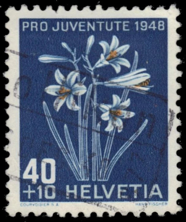 Swiss postage stamp with blue lily bouquet and PRO JUVENTUTE 1948 text