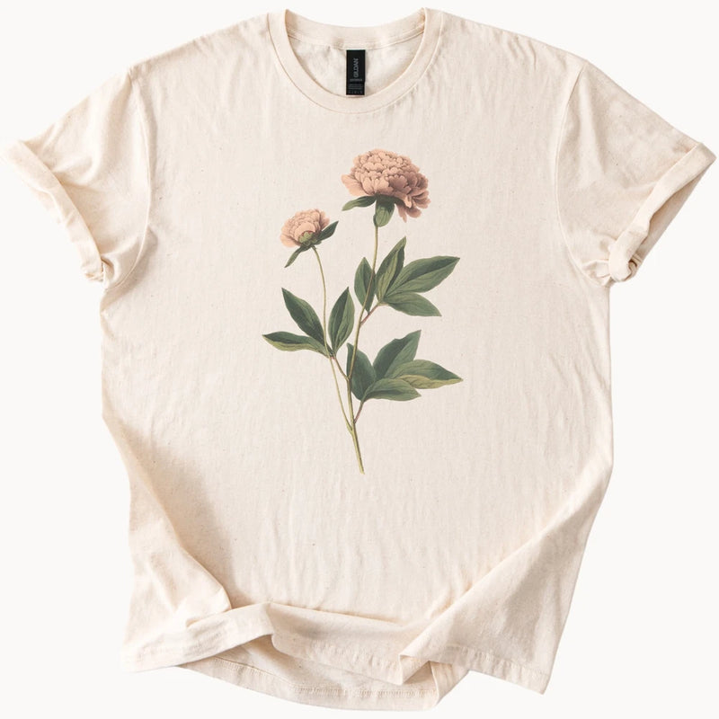 Cream crewneck T-shirt with colorful peony flower botanical graphic in center