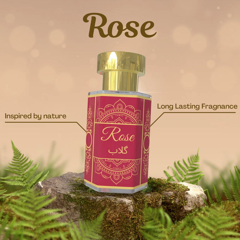 Rose perfume attar oil bottle with gold cap and pink label, 5 ml