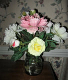16" MIXED PEONY SILK FLOWER ARRANGEMENT-LUCITE ROCK GARDEN BASE; PINK & WHITE Peony