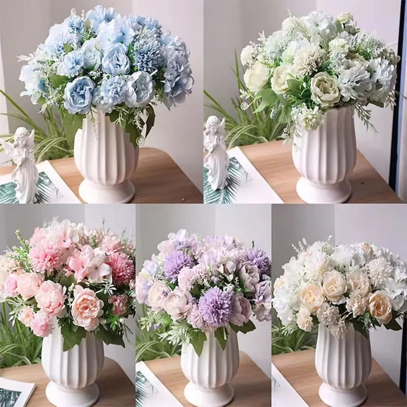 Multi-color artificial peony flower bouquet in white ribbed vase, wedding decor