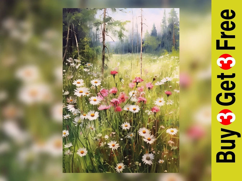 Wild Daisies in Grass and Trees Oil Painting Print Art Decor 5"x7" Daisies