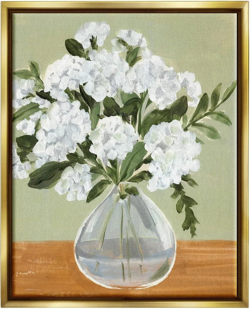 Elegant White Hydrangea Bouquet in Gold Frame - 24x30 Still Life Art Hydrangea
