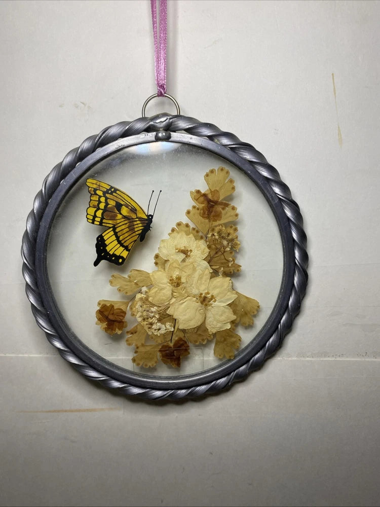 Round metal glass suncatcher with yellow butterfly and pressed flowers