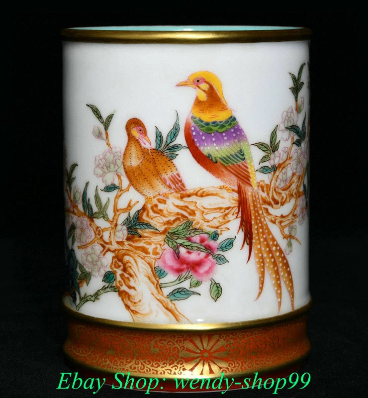 Unique Enamel Color Porcelain Phoenix Birds Peony Flower Brush Pot Pencil Vase Peony