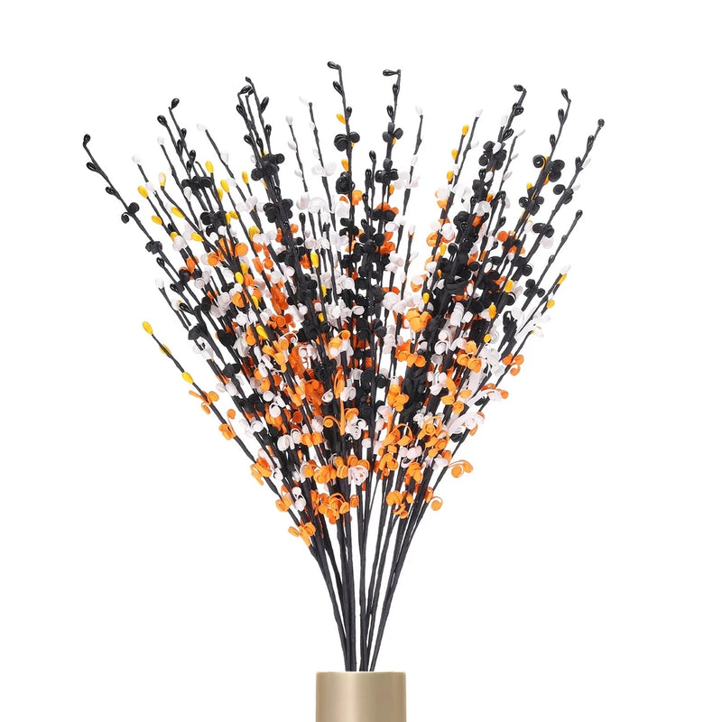 Tall artificial jasmine flower stems with black branches and orange white blossoms