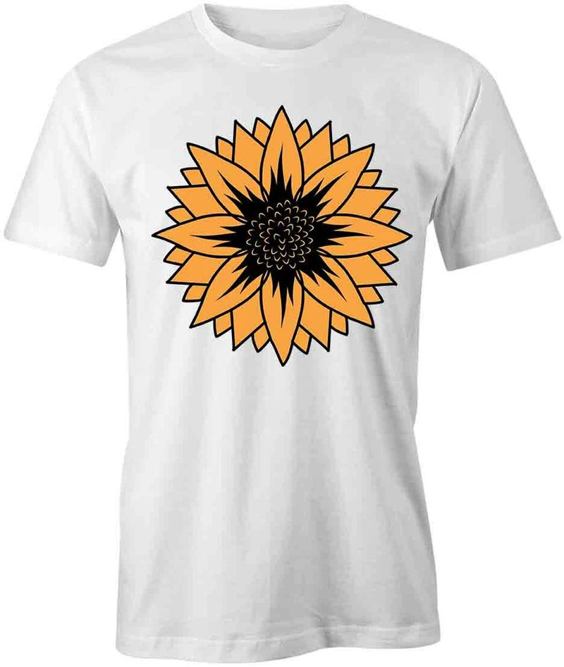White cotton short-sleeve T-shirt with orange sunflower front graphic