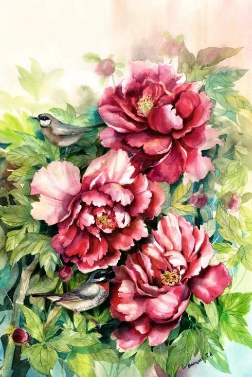 Peony flower postcard art with pink blooms and small birds among green leaves