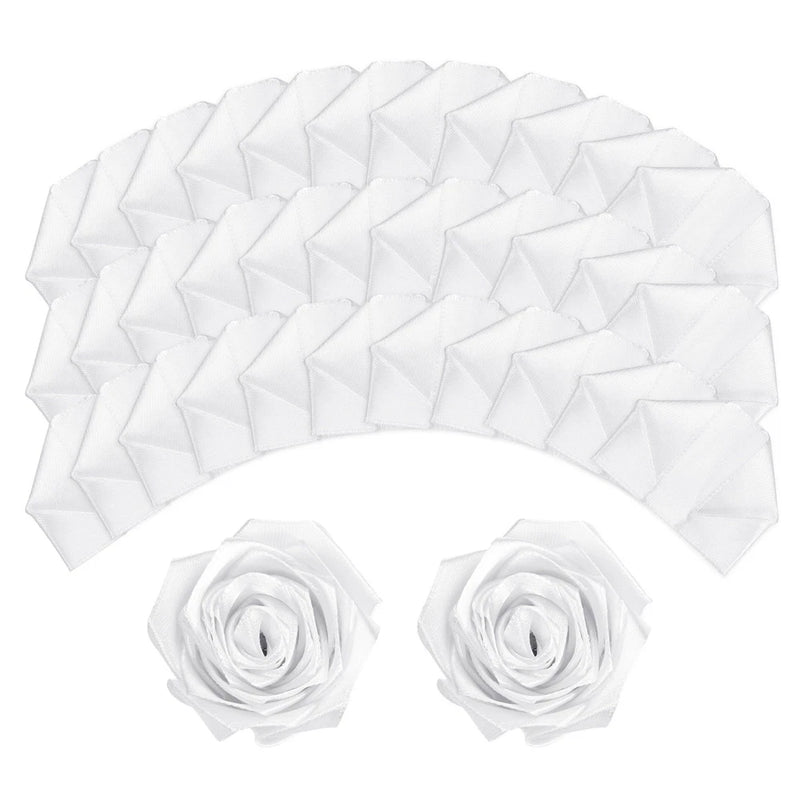 White satin ribbon rose petals with two white rose rosettes