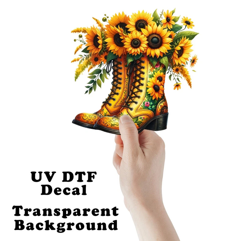 Transparent sunflower boot UV DTF decal sticker with bouquet of yellow flowers