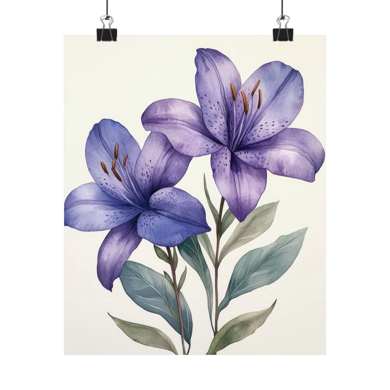Purple lily flower art print poster with green leaves, minimalist botanical design