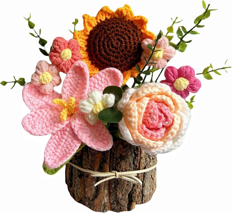 Handmade Sunflower Tulip Rose in Wooden Basket for Home Decor Girlfriend (Pink) Sunflower