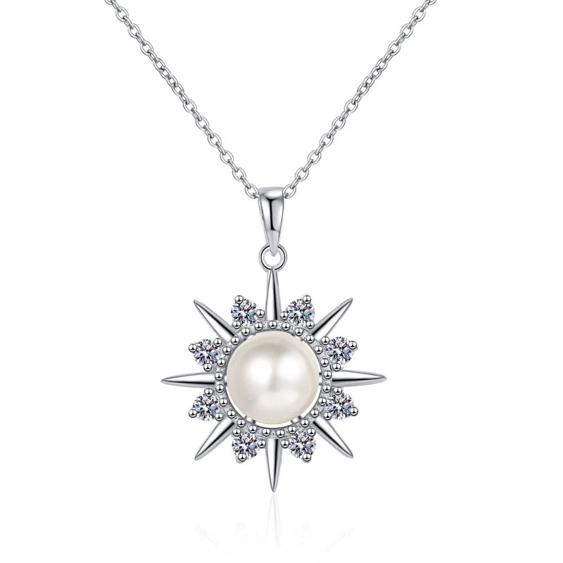Round Moissanite Sunflower Pearl Pendant Necklace Chain 925 Sterling Silver Sunflower