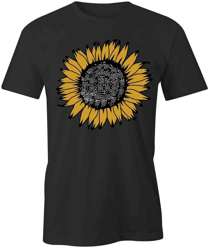 Black short-sleeve cotton T-shirt with large yellow sunflower graphic on front