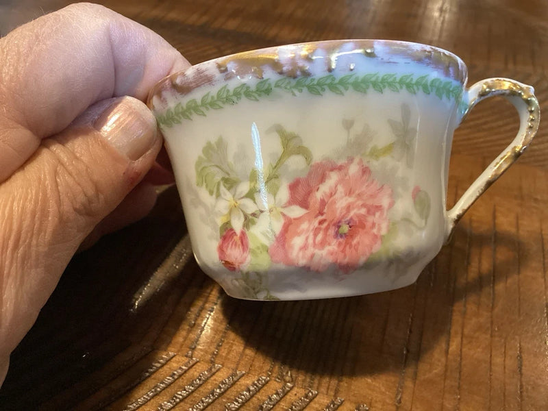 Tea Cup  China  France Peonies Pink White Flowers Gold Trim Green Peony