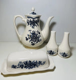 Ironstone Blue Carnation Ironstone Teapot Salt Pepper Shaker Butter Dish Carnation