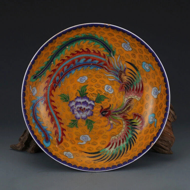 8.7"Chinese Colour Enamels Porcelain Phoenix Fung-hwang Tree Peony Flower Plate2 Peony