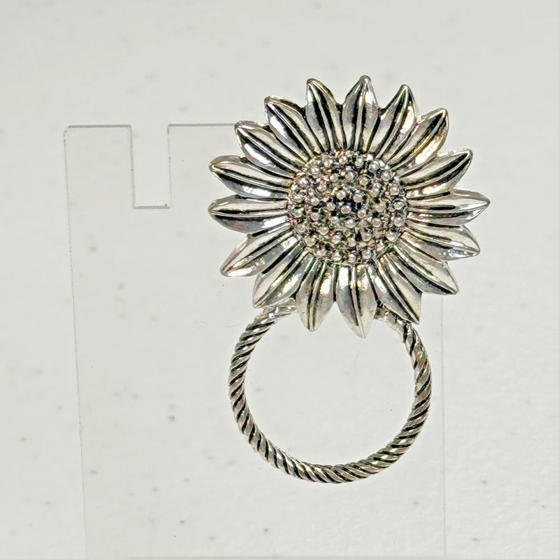 Vintage Brooch Silver Tone Flower Rope Circle Sunflower Pin MCM 70s 80s Sunflower