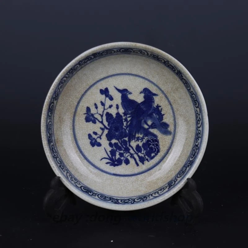 4.1" China Blue and White Porcelain Cracked Glaze Peony Flower Two Bird Plate Peony