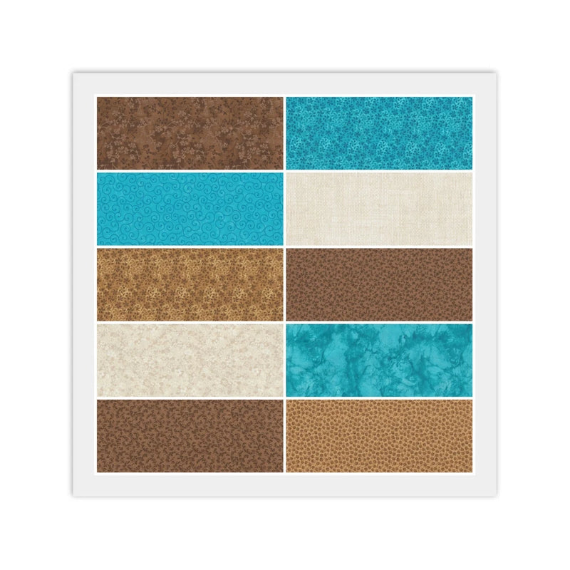 Turquoise Blue Brown LAYER CAKE: 20) 10" x 10" Squares, 100% Cotton Fabric Flowering Plants
