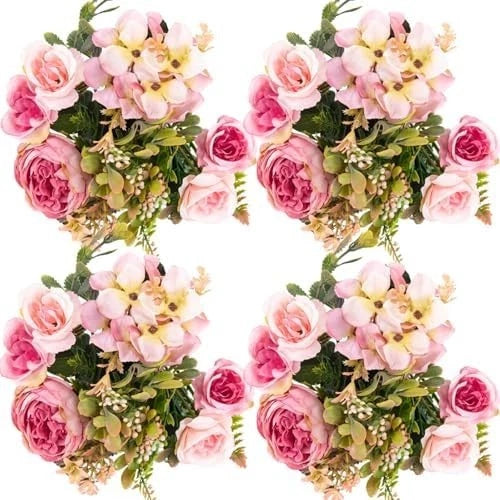 4-pack artificial pink peony bouquets with silk-like blooms and green foliage