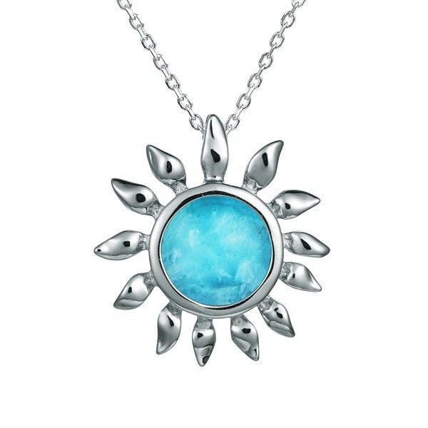 Sterling silver sunflower necklace with round Larimar gemstone center