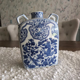 Vtg Chinese Moon Flask Vase Blue White 4 Handle Phoenix Peony Floral Chinoiserie Peony