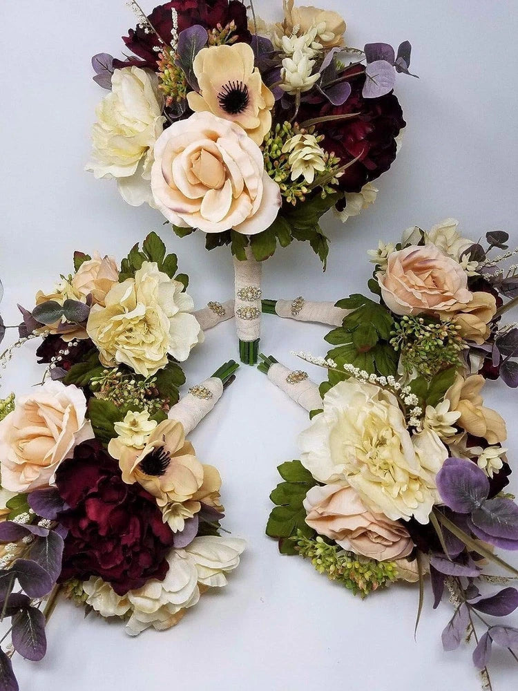 Mixed flower wedding bouquet set of 5, cream roses with burgundy and purple accents
