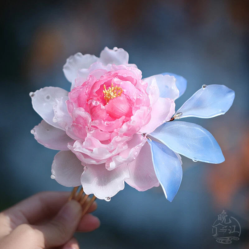Pink and white peony flower hairpin with blue leaf petals and pearl-like accents