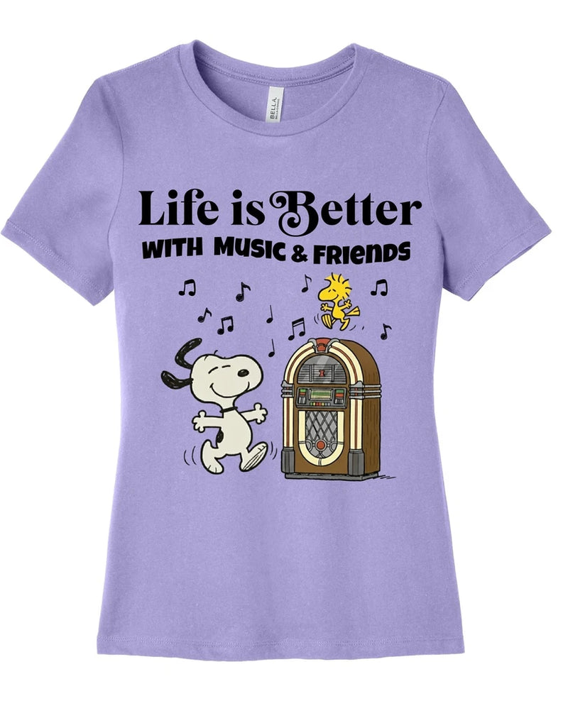 Women's lavender graphic music T-shirt with Snoopy, Woodstock, and jukebox art
