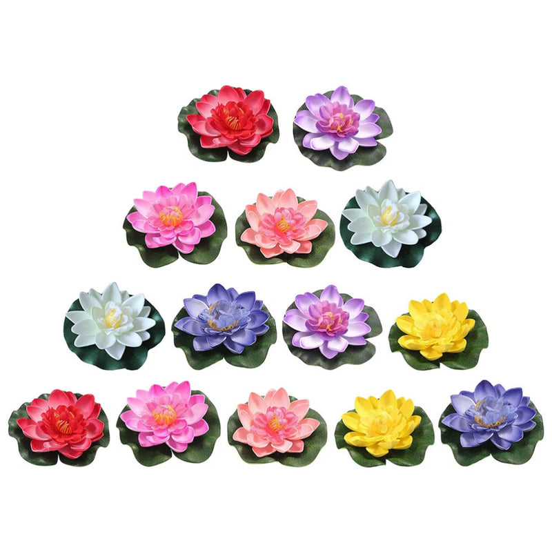 14-piece faux lily pad pond plants set with multicolor flower pads, 14 leaves